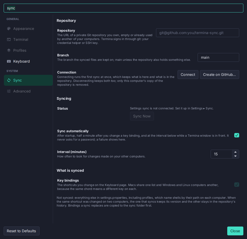 Settings sync in Termina