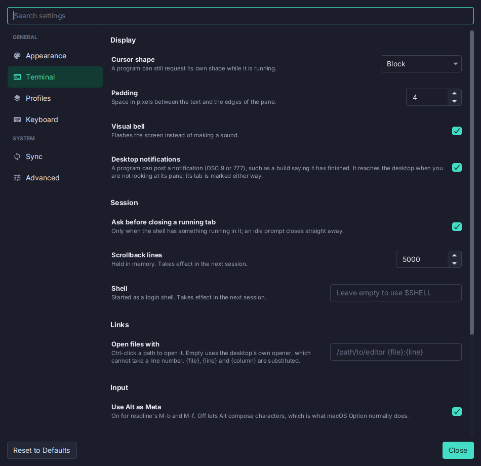 Settings that apply live in Termina