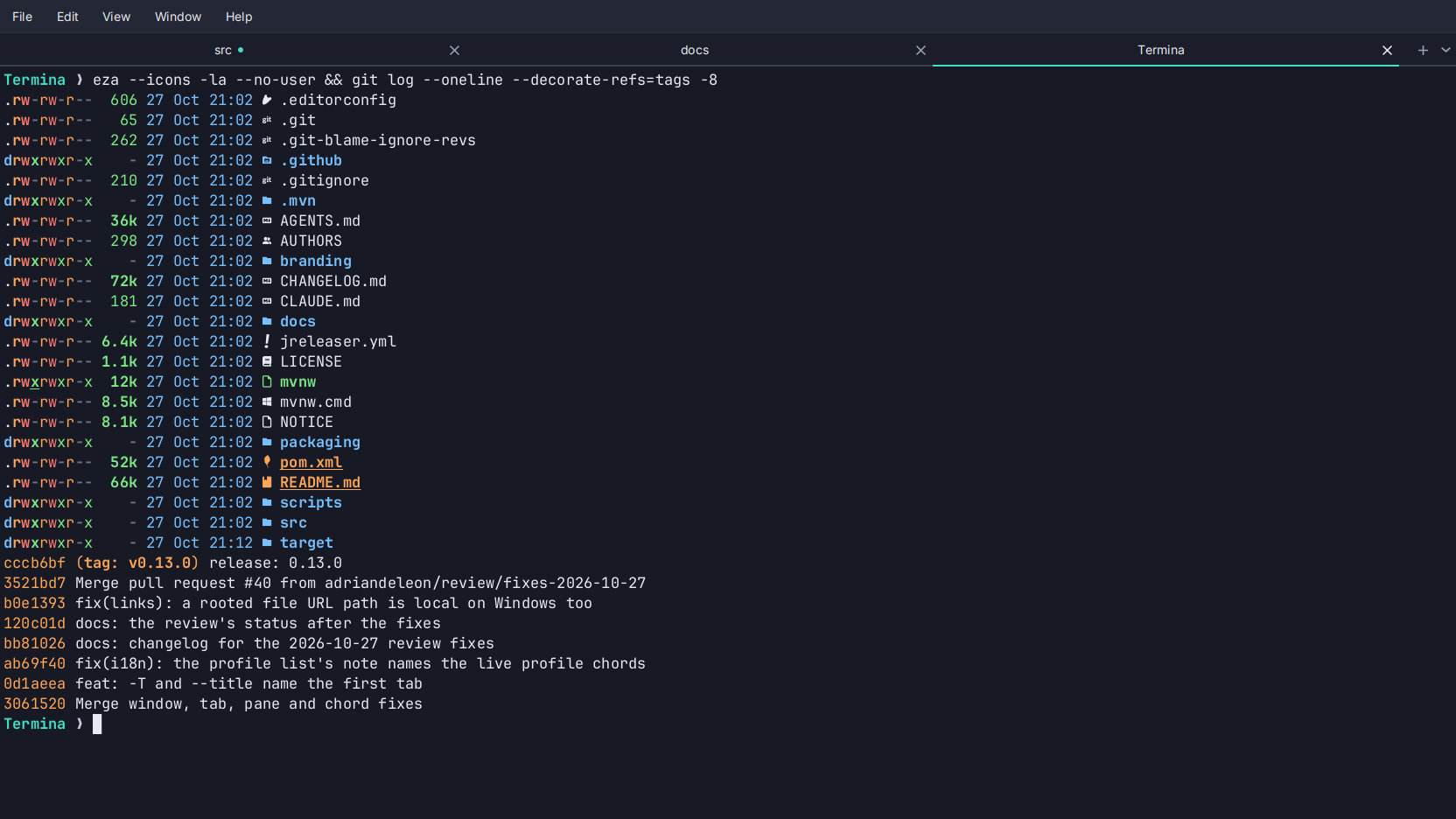 Termina's window: a tab strip over a shell showing a coloured directory listing with file-type icons and a git log